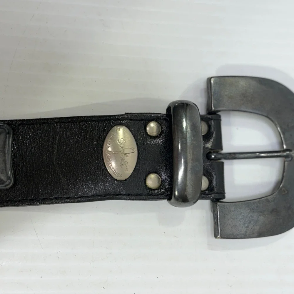 VTG Sunbelt Rosner Black Leather Y2K Western Studded Belt Gunmetal Buckle 36x1.5